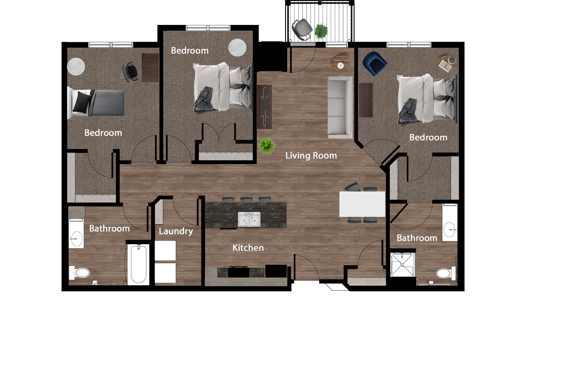 Floor plan for 3 beds, 2 baths, 1381 sqft